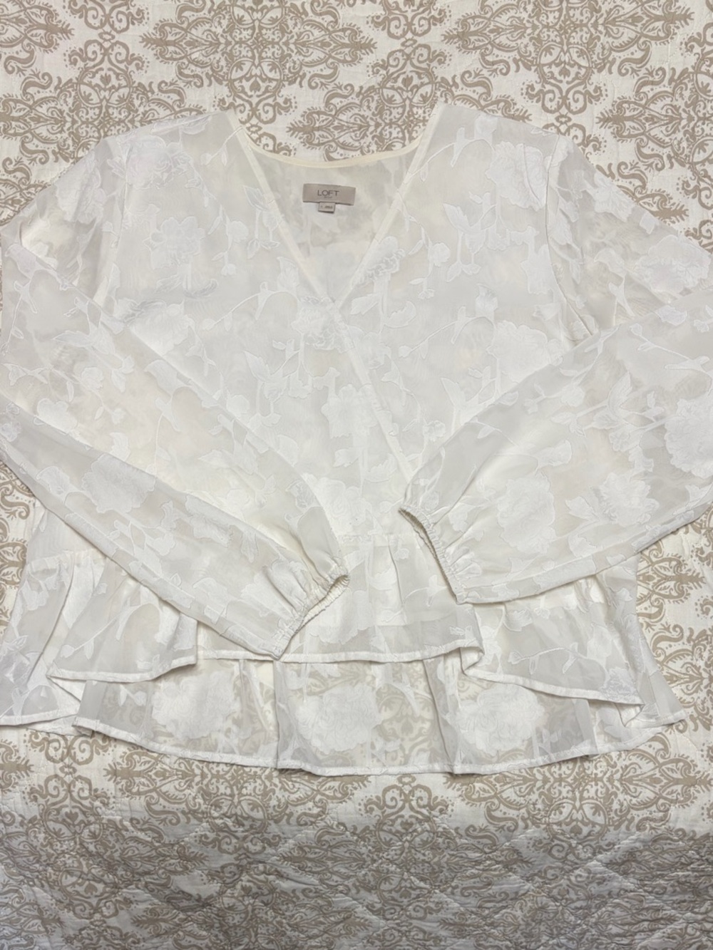 LOFT Ivory Floral Jacquard Ruffle V-Neck Blouse